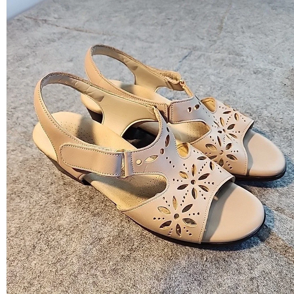 SAS Tripad Comfort Womens Beige Leather Floral Laser Cut Slingback Wedge Sandals